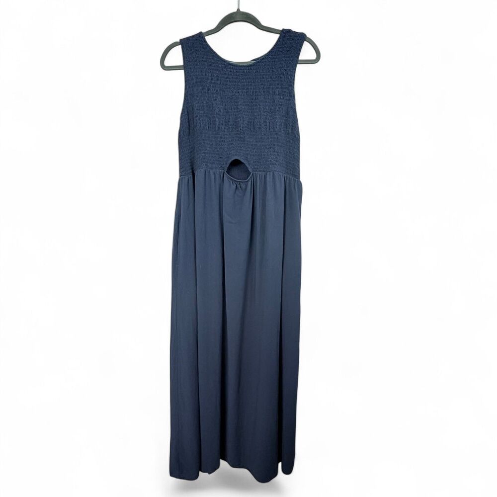 maternity sleeveless maxi dress navy smocked empire waist cutout comfy xxl - Picture 2 of 8
